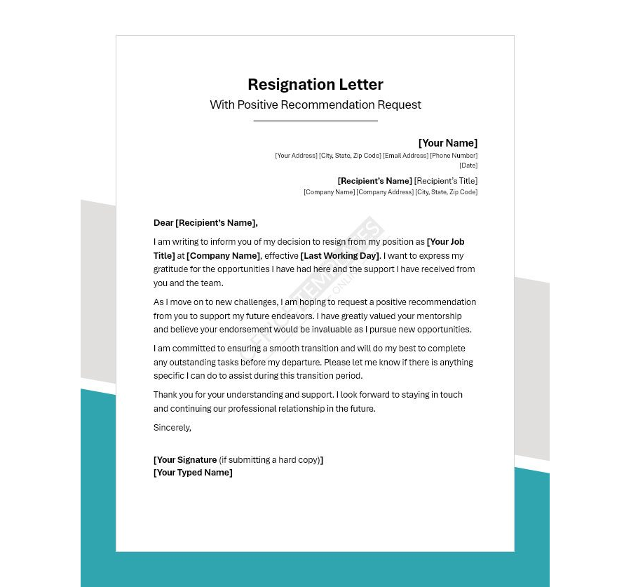 Resignation Letter with a Positive Recommendation Request