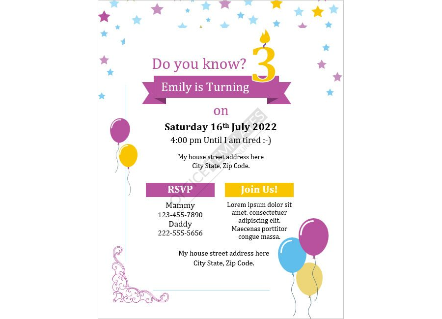 Colorful Baby Birthday Party Invitation Card Template for MS Word