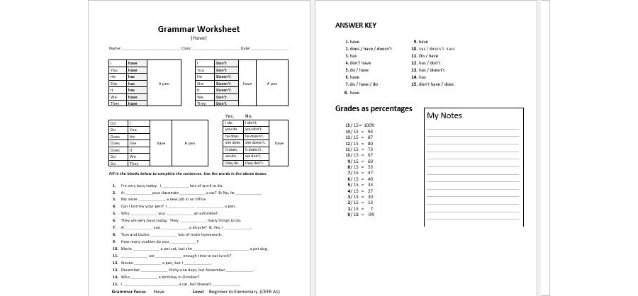 Grammar Worksheet Template for MS Word