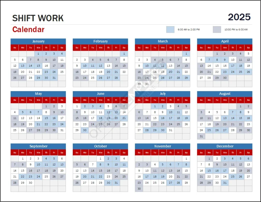 Download Shift Work Calendar Template for MS Excel