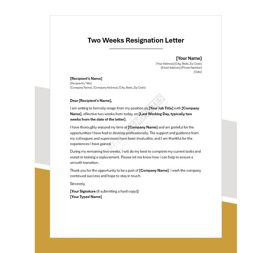 Two Weeks Notice Resignation Letter Template
