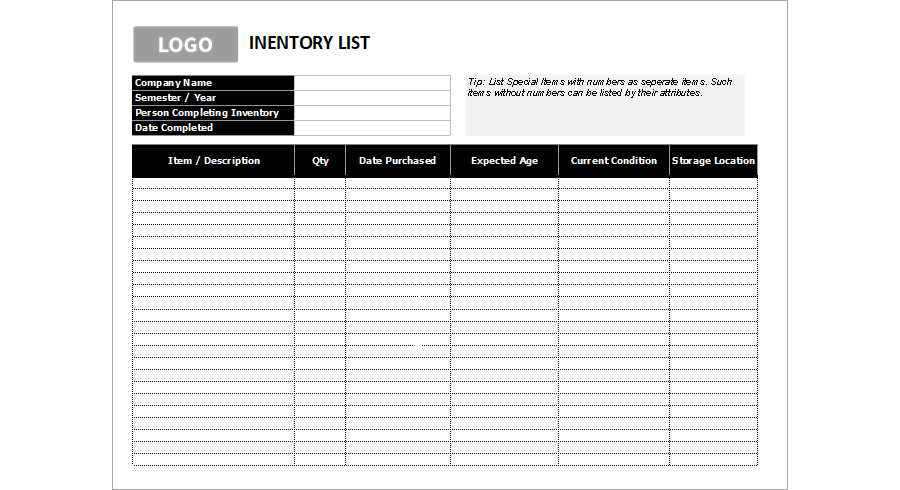 Inventory List Template