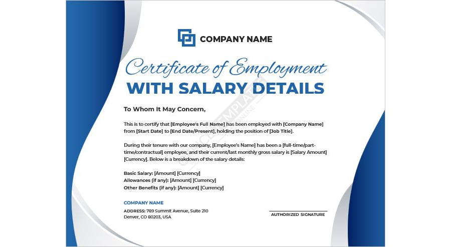 Certificate of Employment Template with Salary Details