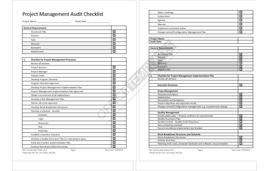 Project Management Audit Checklist Template in MS Word