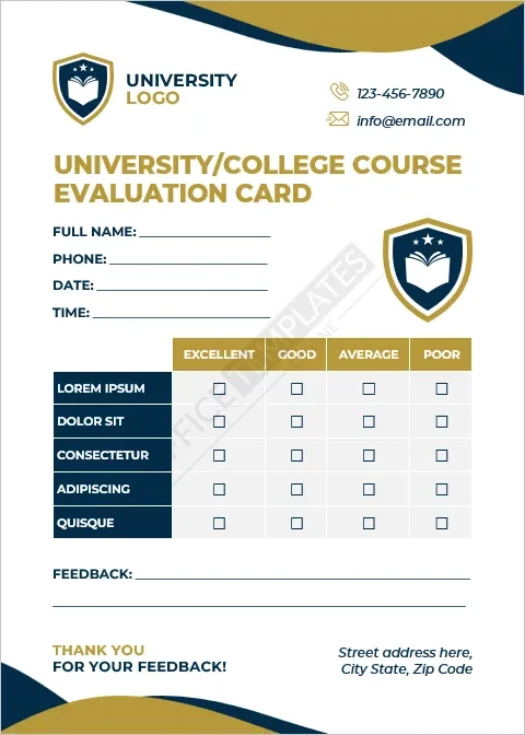 University or College Course Evaluation Card Template