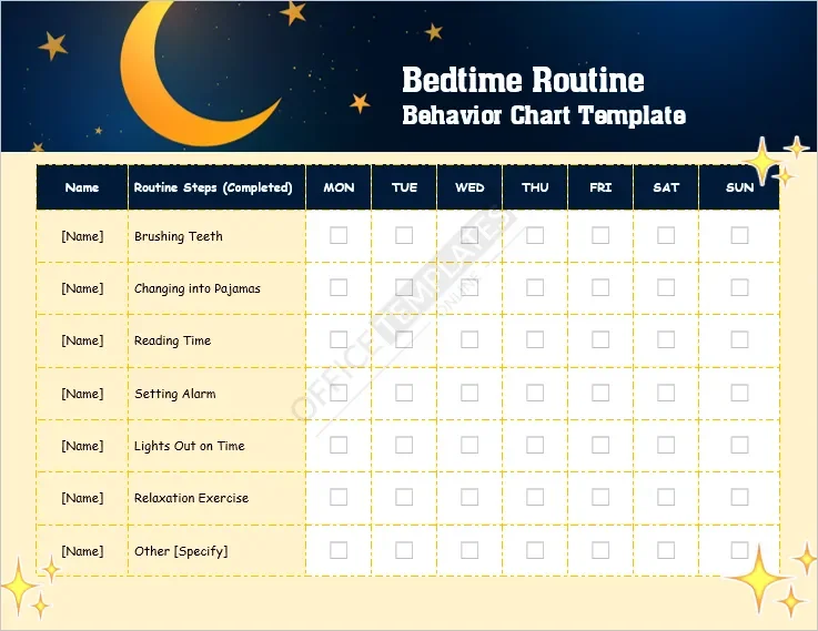 Bedtime Routine Behavior Chart Template