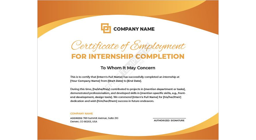 Certificate of Employment Format for Internship Completion