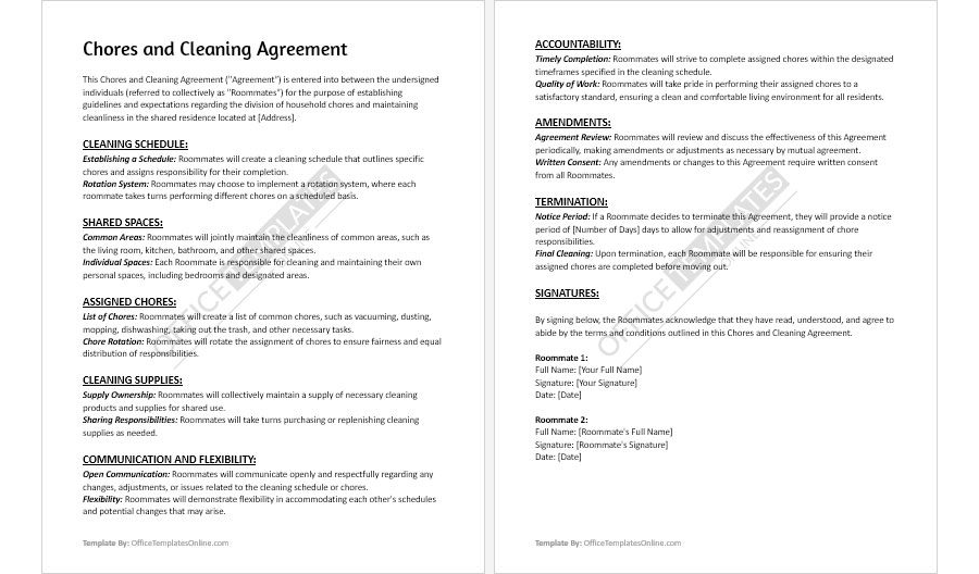 Chores and Cleaning Agreement Template