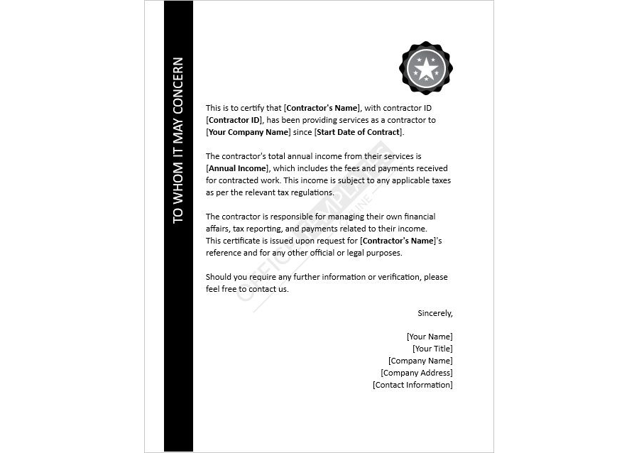 Contractor Income Certificate Template