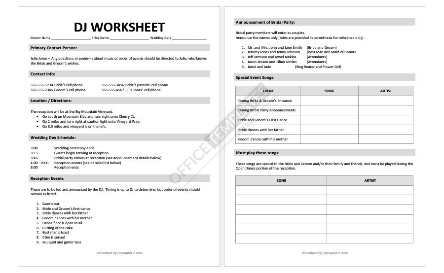 Wedding DJ/Music Worksheet