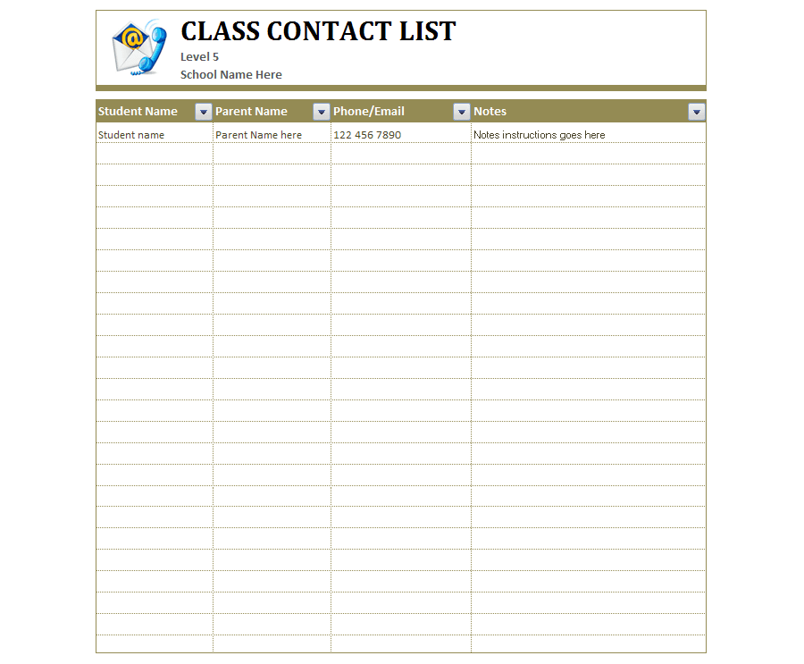 Download Class Student Contact List for MS Excel