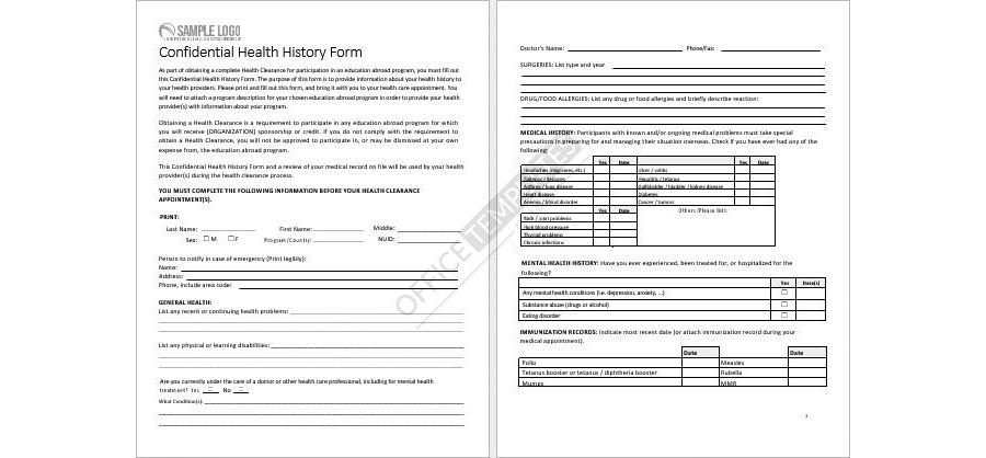 Confidential Health History Form Format in MS Word