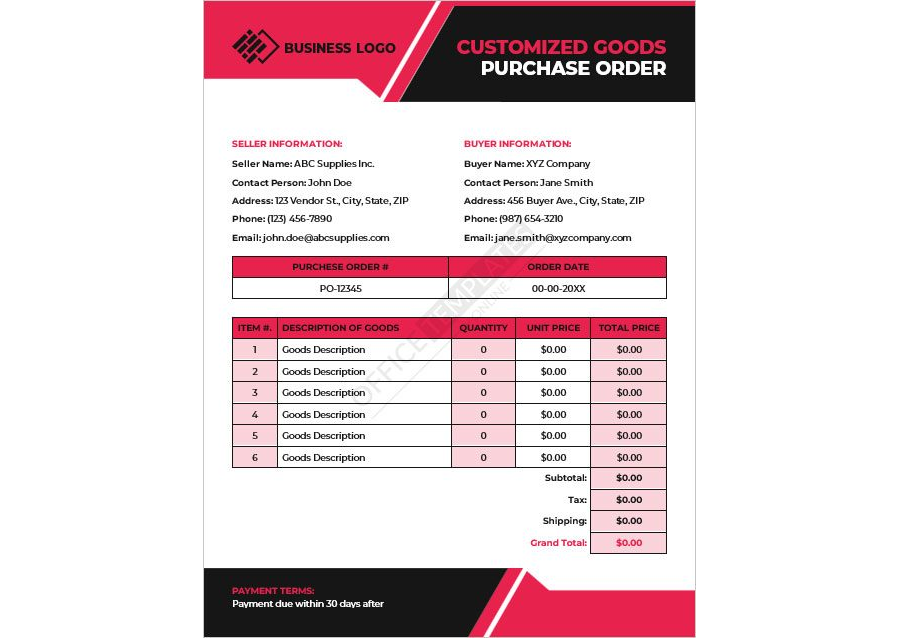 Customized Goods Purchase Order Template