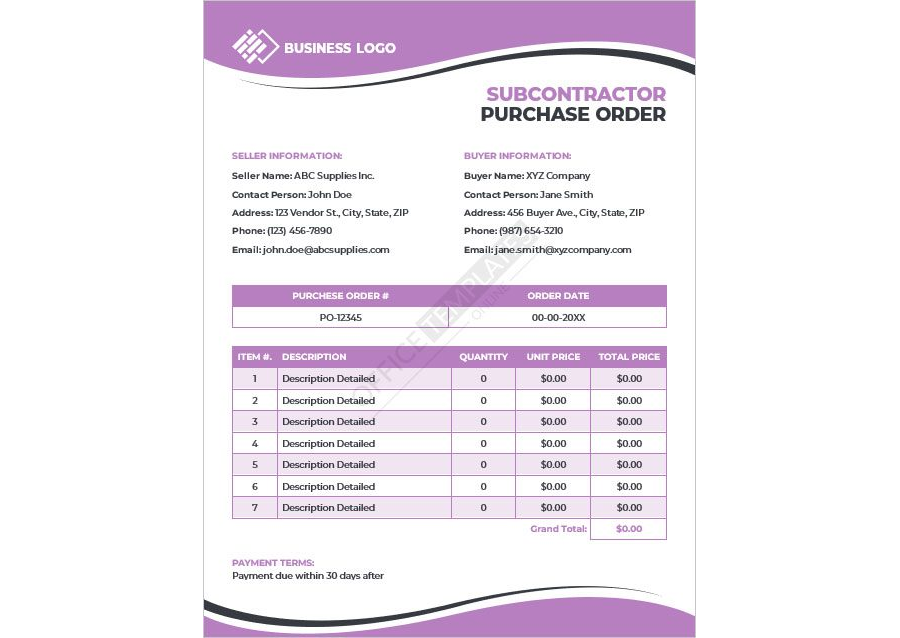 Subcontractor Purchase Order Template
