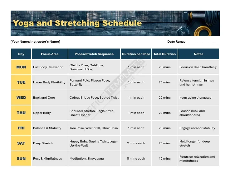 Yoga and Stretching Schedule Template