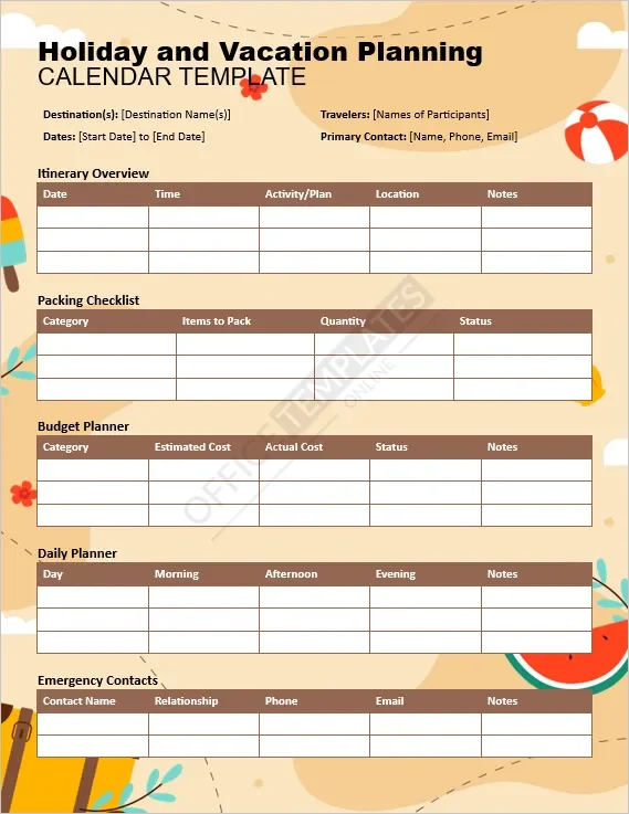 Holiday and Vacation Planning Calendar Template