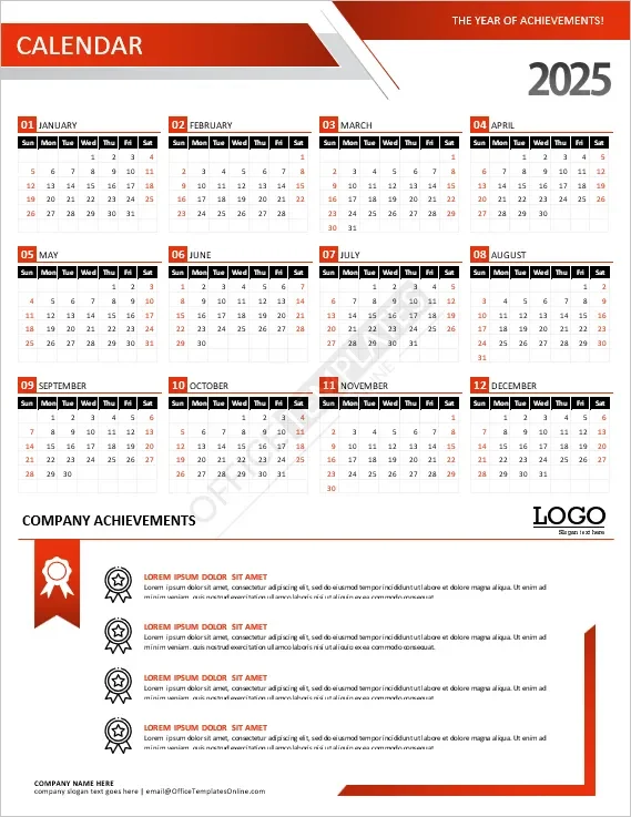 Download Year Calendar Template with List of Achievements made throughout the Year