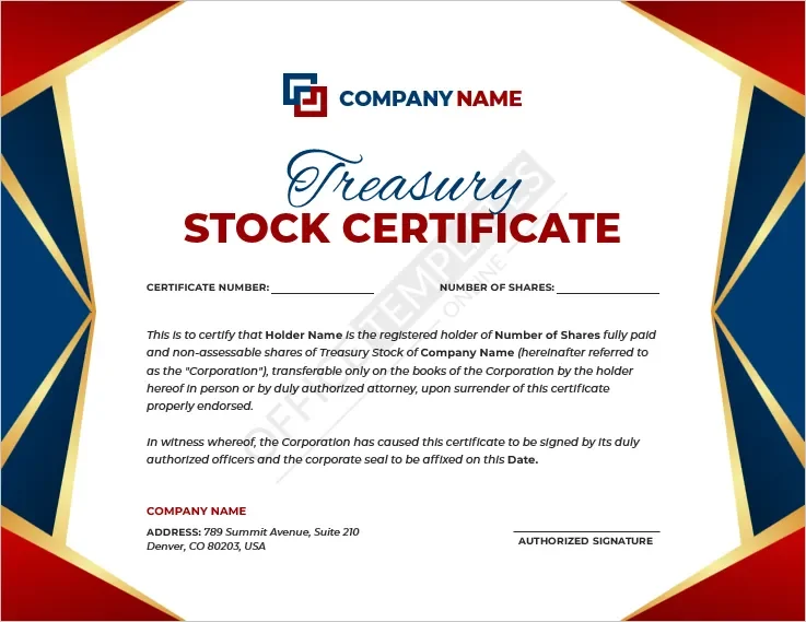 Treasury Stock Certificate Template
