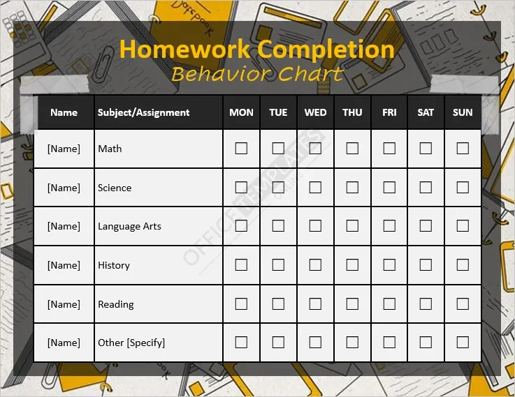 Homework Completion Behavior Chart Template