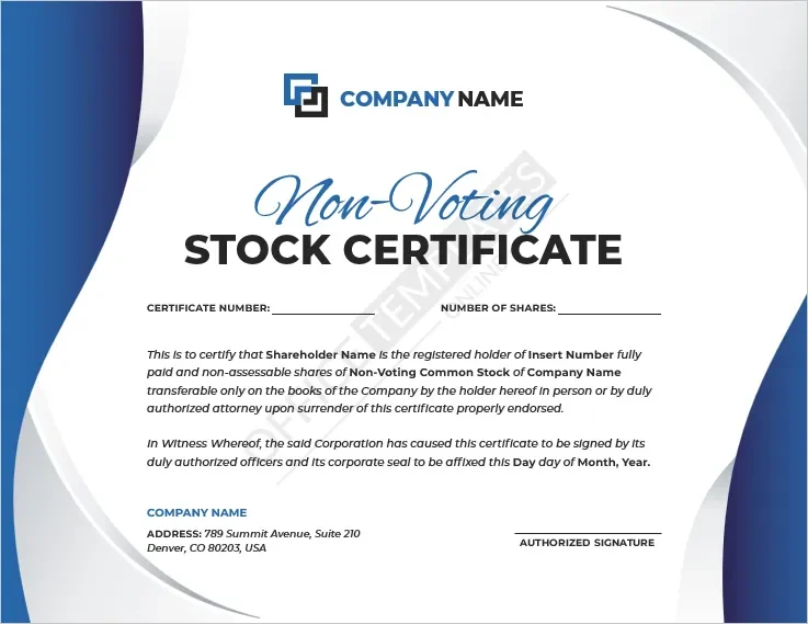 Non-Voting Stock Certificate Template