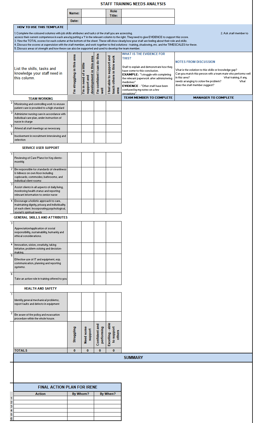 MS Excel Staff Training Needs Analysis