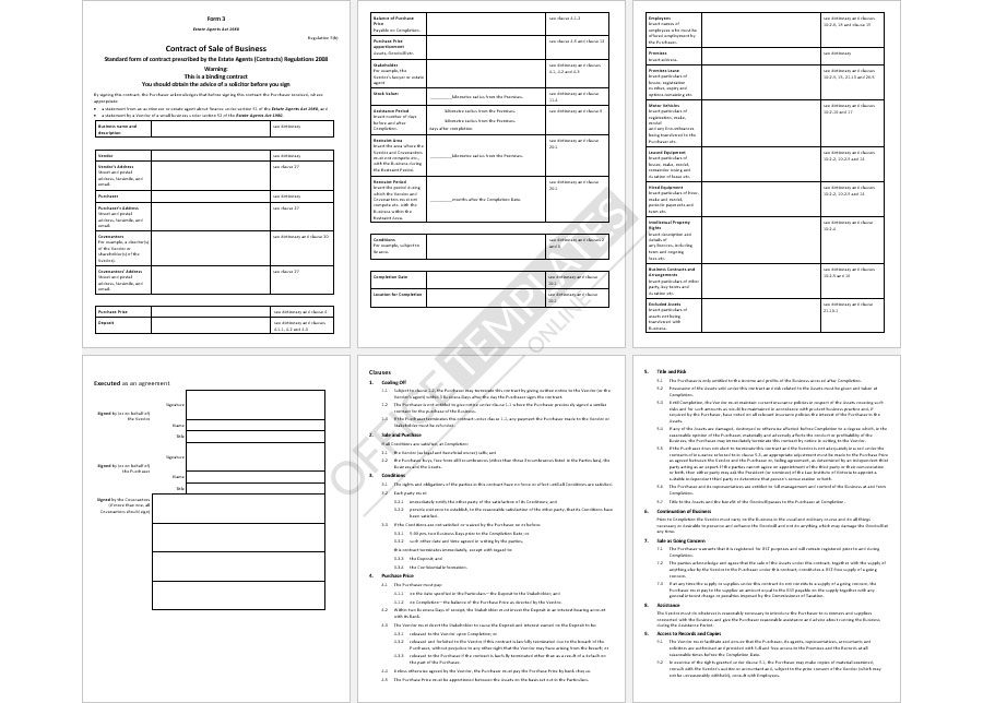 Sample Contract of Sale of Business Template