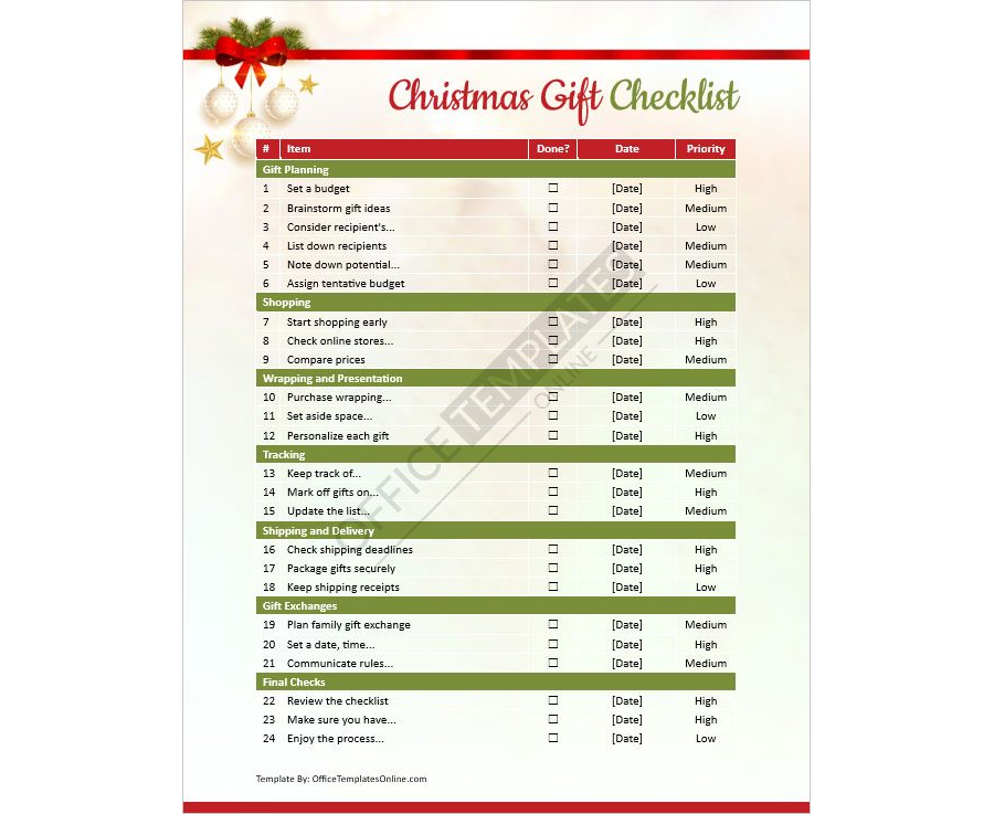 Christmas Gift Checklist Template for MS Word