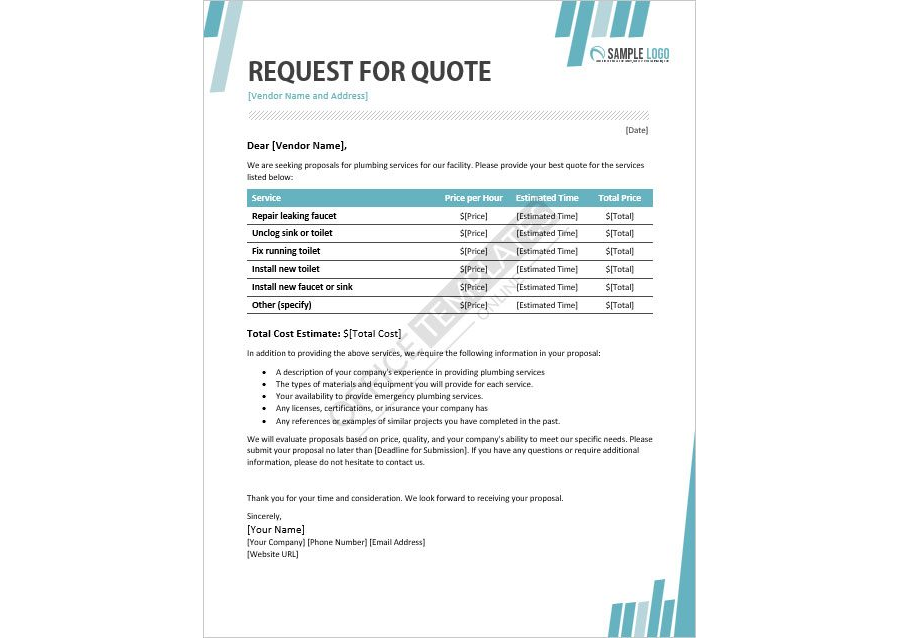 Download Plumbing Services RFQ Template in MS Word Format