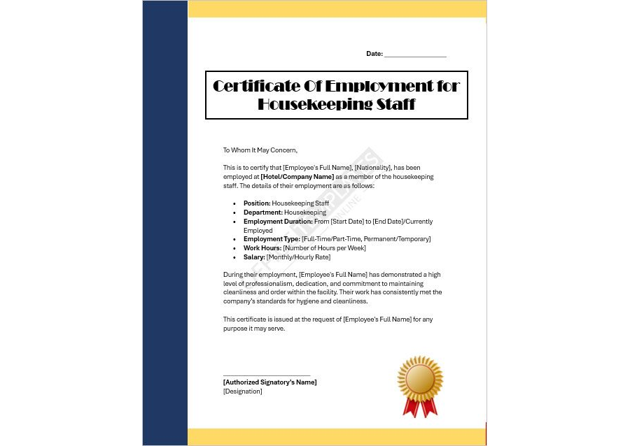 Certificate of Employment for Housekeeping Staff