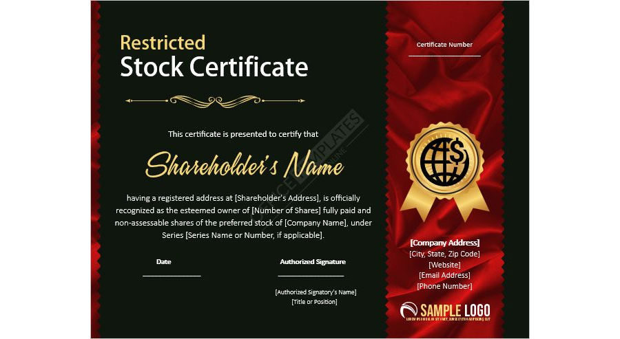 Restricted Stock Certificate Template for MS Word