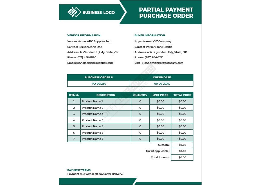 Partial Payment Purchase Order Template