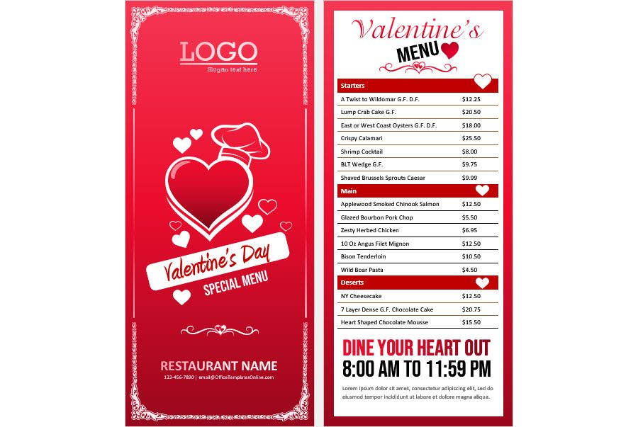 Download DL Size Valentine's Day Menu Card Template for MS Word