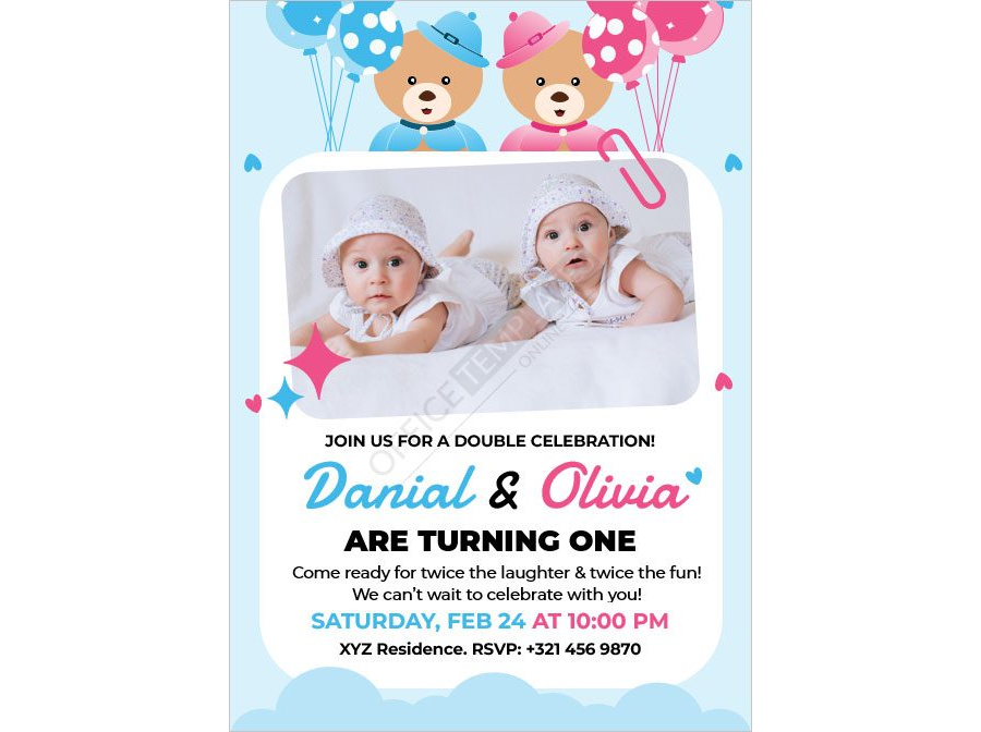 Twins Birthday Invitation Card Template