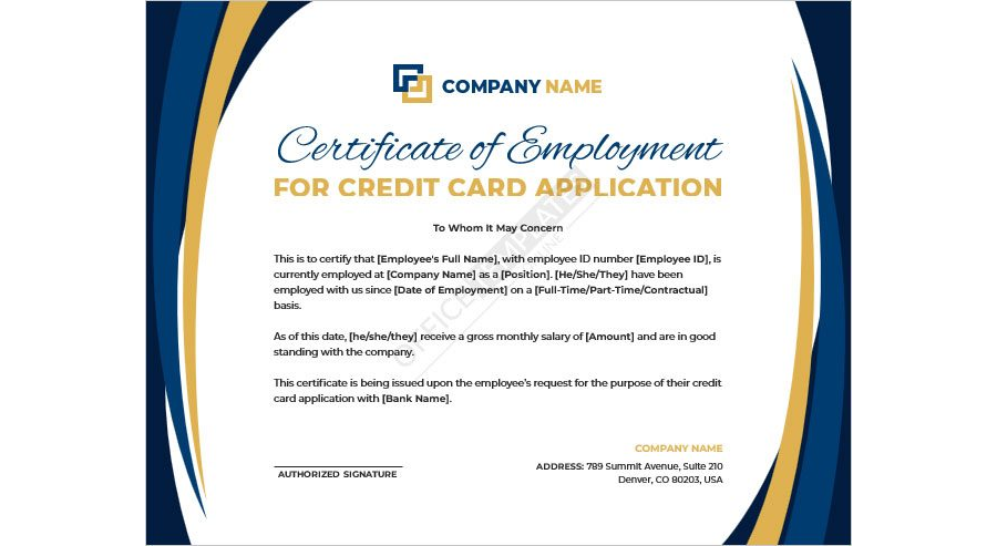 Certificate of Employment for Credit Card Application