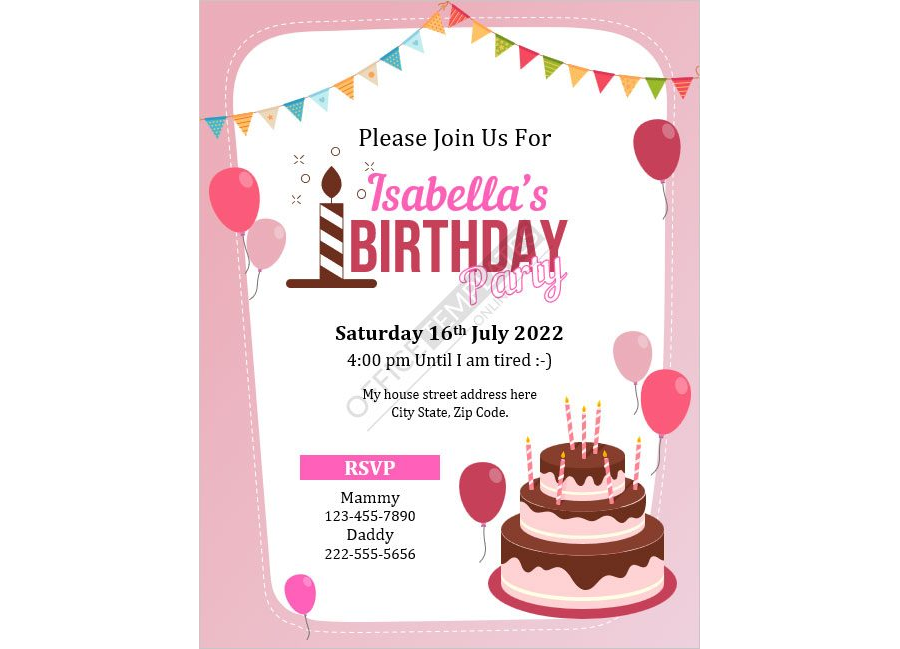 Baby Girl First Birthday Invitation Card Template for MS Word