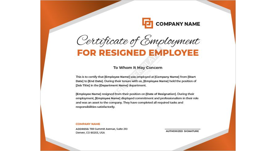 Certificate of Employment Format for Resigned Employee