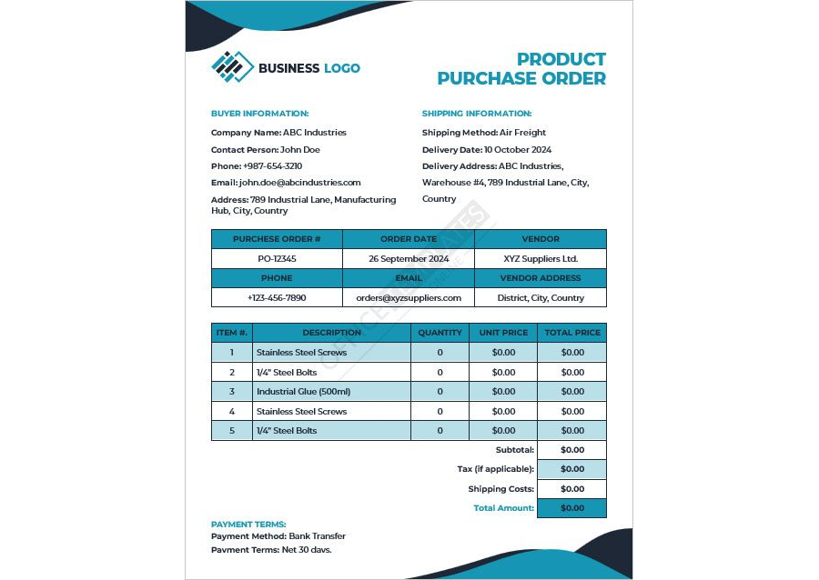 Product Purchase Order Template