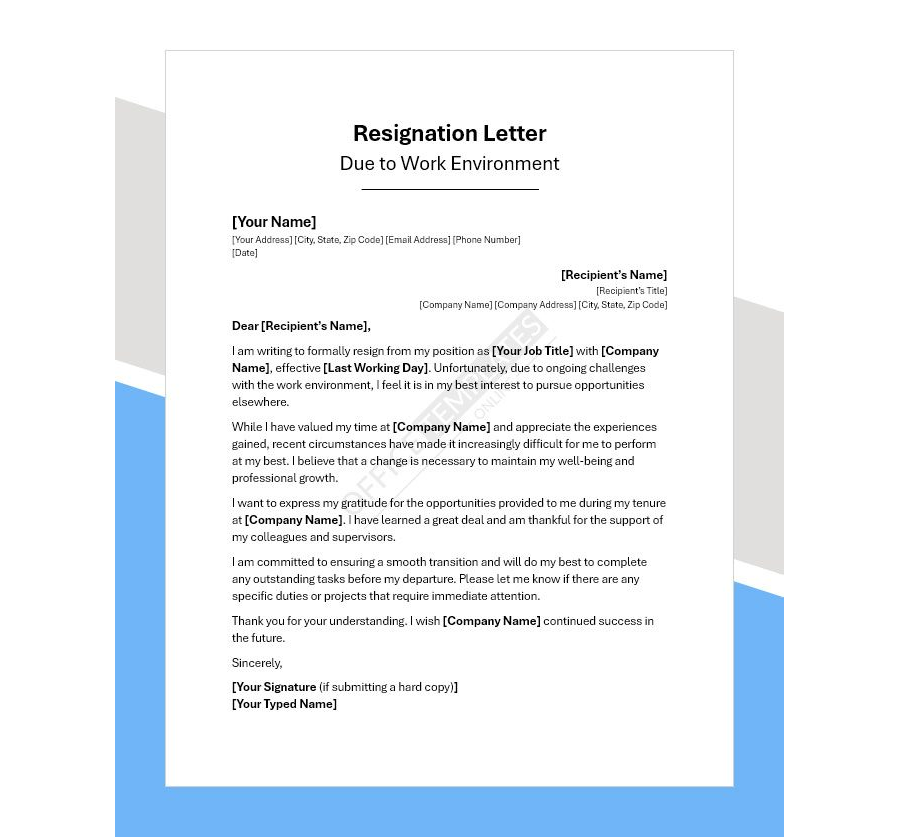 Resignation Letter Due to Work Environment