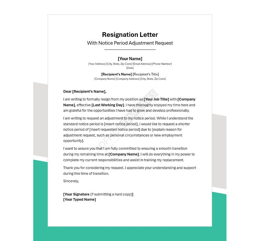 Resignation Letter with Notice Period Adjustment Request