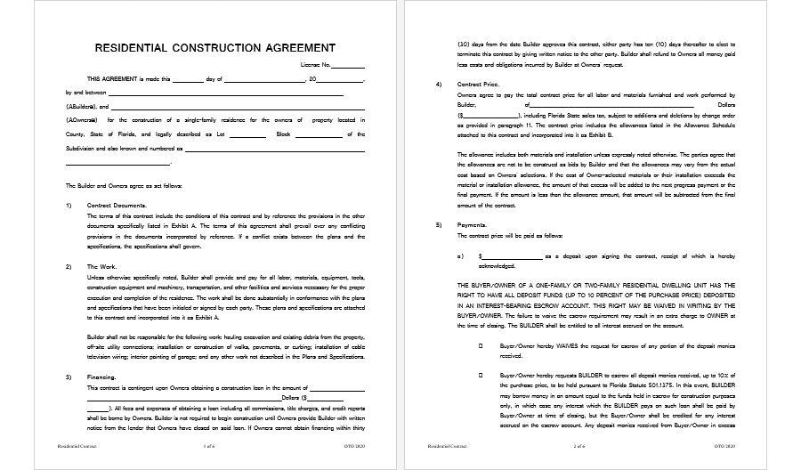 Residential Construction agreement template