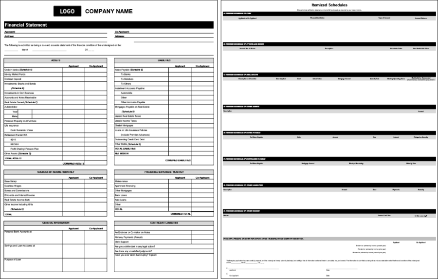 Financial Statement Template with Itemized Schedules