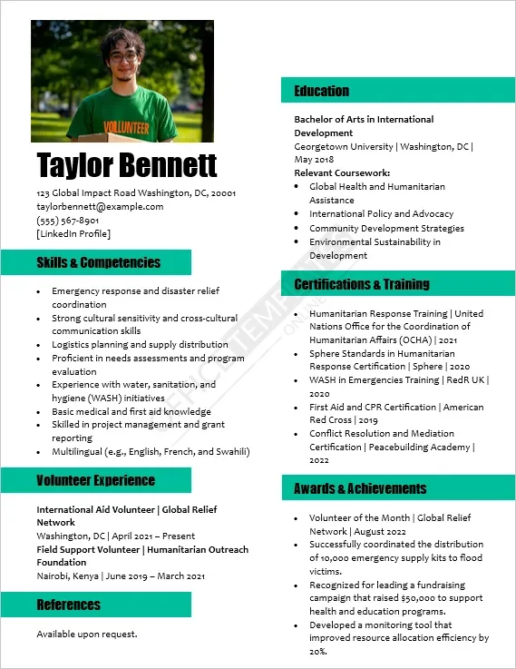 International Aid Volunteer Resume Template