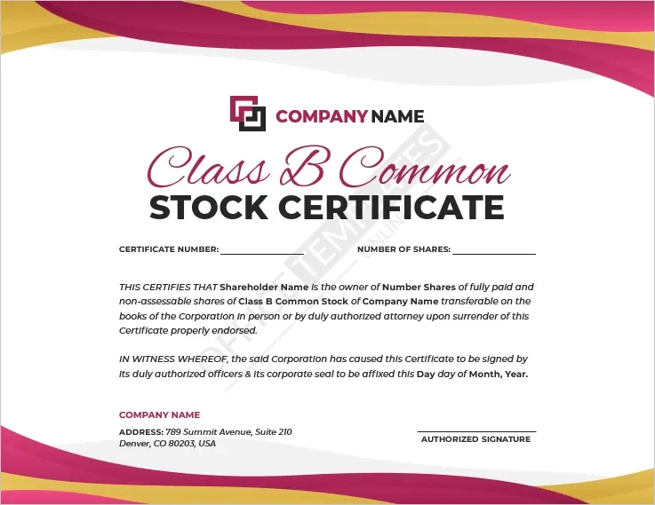 Class B Common Stock Certificate Template