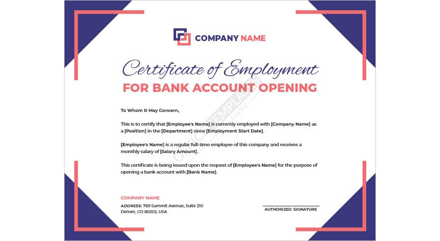 Certificate of Employment Template for Bank Account Opening