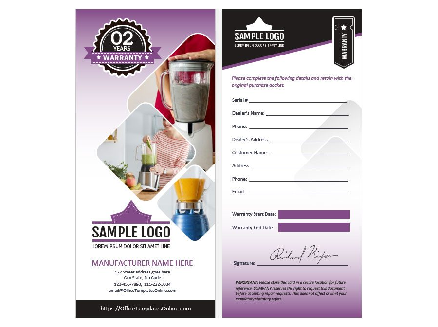 Download Kitchen Appliance Warranty Card Template - Vertical MS Word Doc
