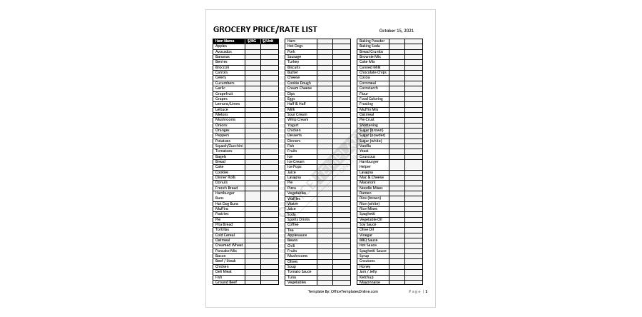 Download Grocery Price List Format with a long list of Grocery Items - MS Word