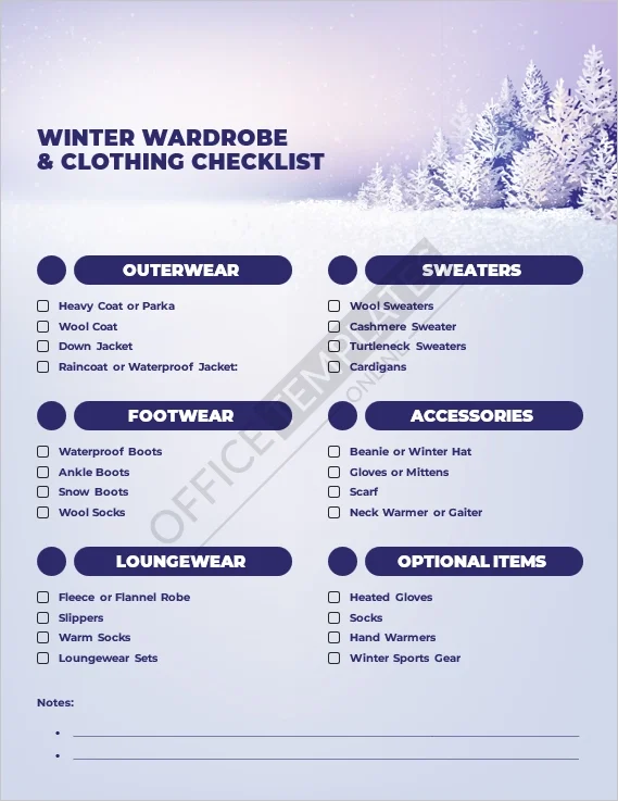 Winter Wardrobe and Clothing Checklist Template