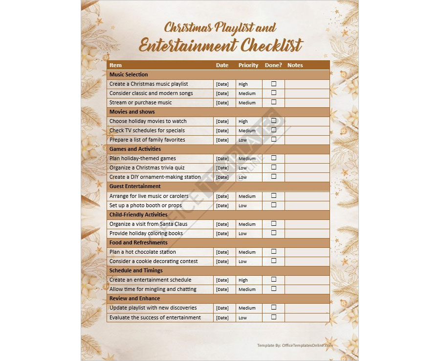 Christmas Playlist and Entertainment Checklist Template in Word