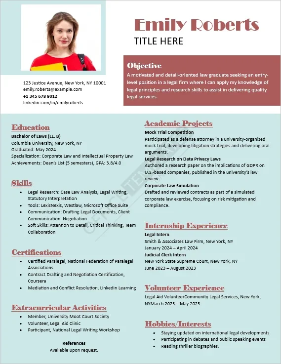 Law Graduate Fresher Resume Template