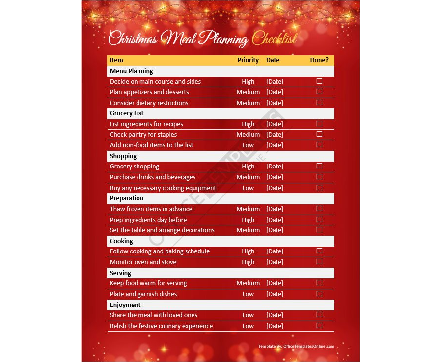 Christmas Meal Planning Checklist Template for MS Word